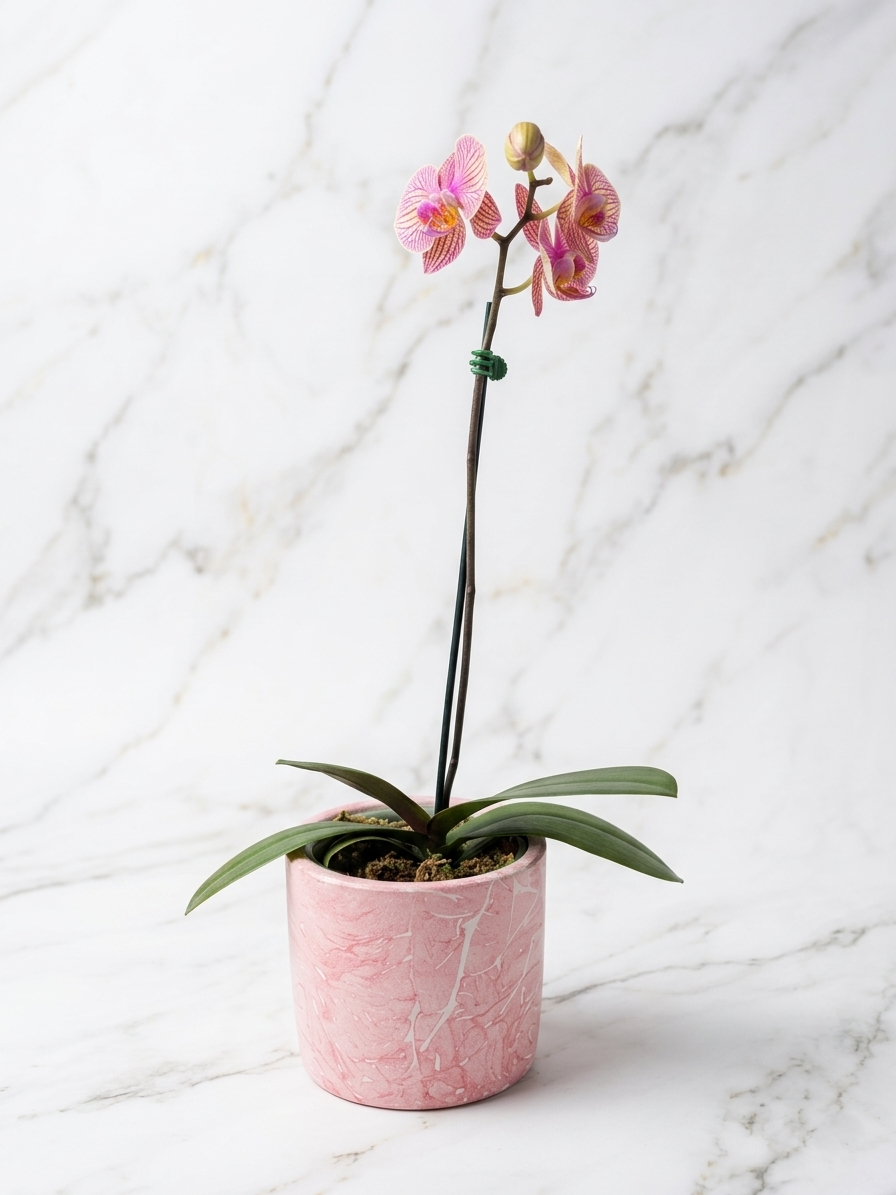 ORQUÍDEA PHALAENOPSIS TONOS ROSÉ RAYADOS EN MACETA DE CERÁMICA ROSADA | ORQUÍDEA PREMIUM