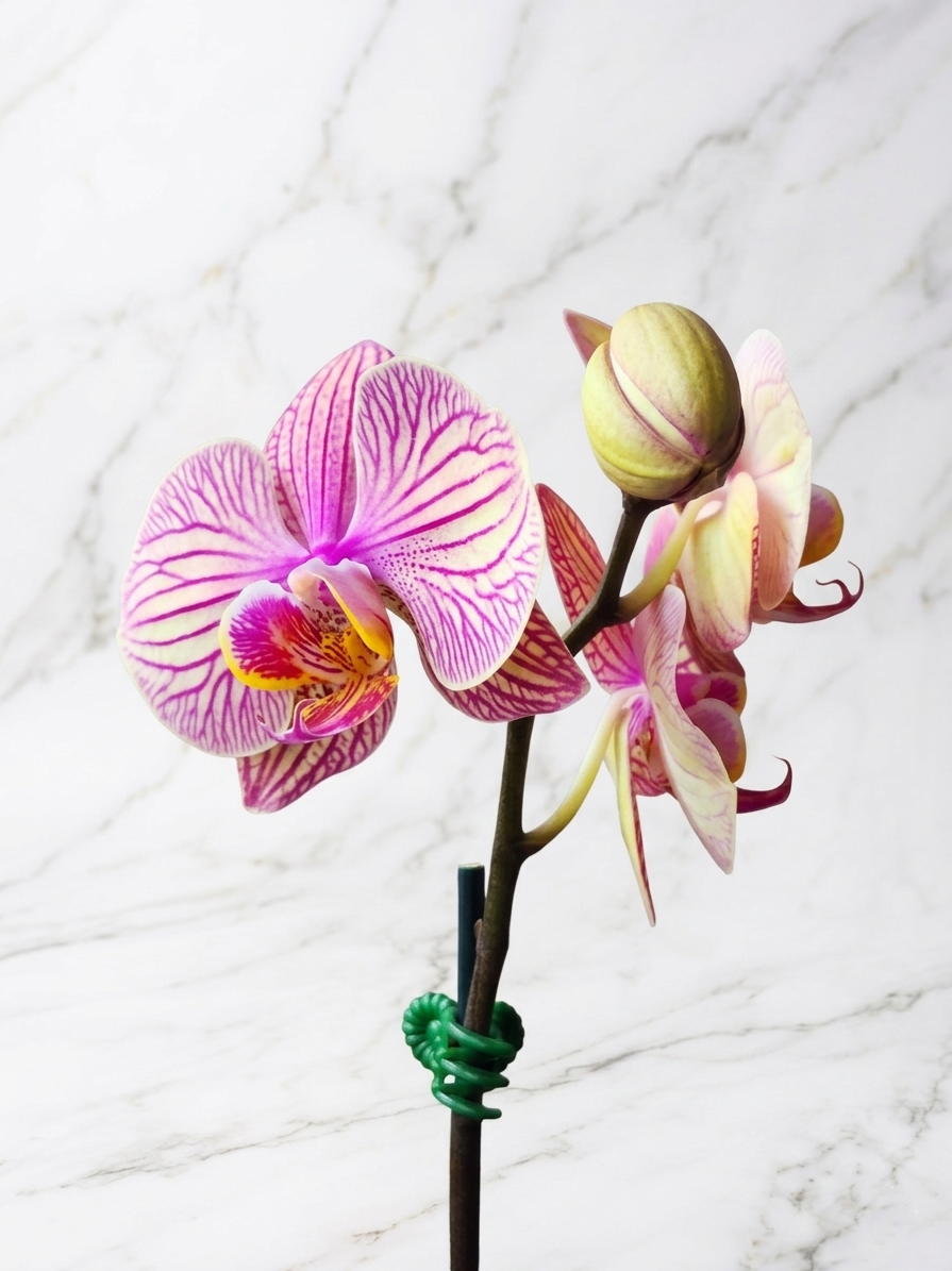 ORQUÍDEA PHALAENOPSIS TONOS ROSÉ RAYADOS EN MACETA DE CERÁMICA ROSADA | ORQUÍDEA PREMIUM