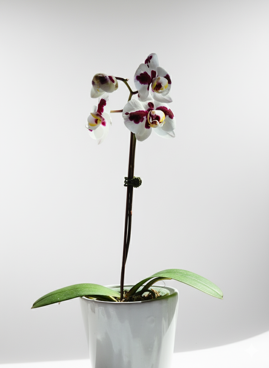 Orquídea Phalaenopsis blanca con manchas borgoña en maceta cerámica blanca, planta decorativa de interior.