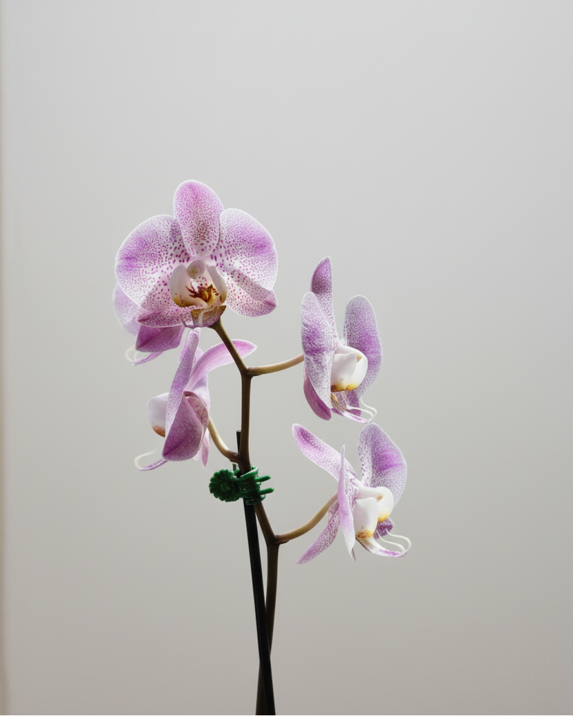 Orquídea Phalaenopsis lila con moteado púrpura en maceta blanca minimalista, 1 tallo y cinco flores abiertas