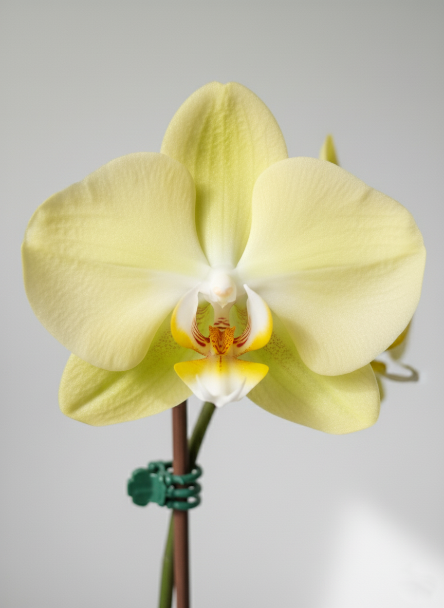 ORQUÍDEA DOBLE TALLO COLOR AMARILLO PASTEL CON DETALLES COLOR BLANCO EN MACETA DE CERÁMICA | "Sol Suave" | Baby Orquídea