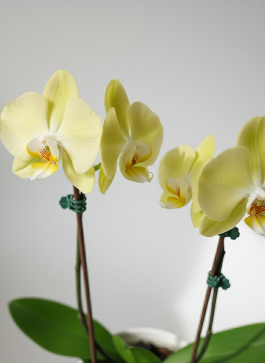 ORQUÍDEA DOBLE TALLO COLOR AMARILLO PASTEL CON DETALLES COLOR BLANCO EN MACETA DE CERÁMICA | "Sol Suave" | Baby Orquídea