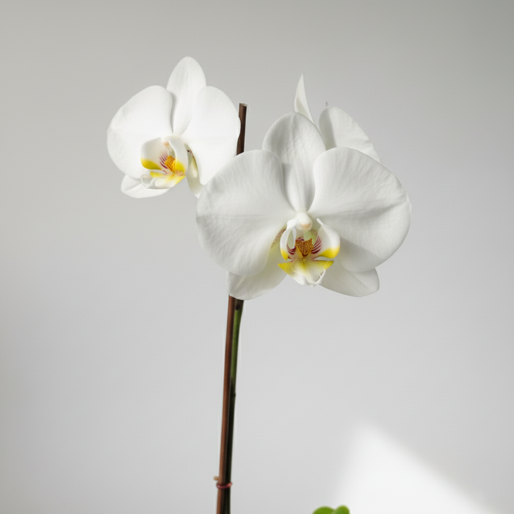 ORQUÍDEA BLANCA CON DETALLES COLOR AMARILLO EN MACETA DE CERÁMICA | BABY ORQUIDEA